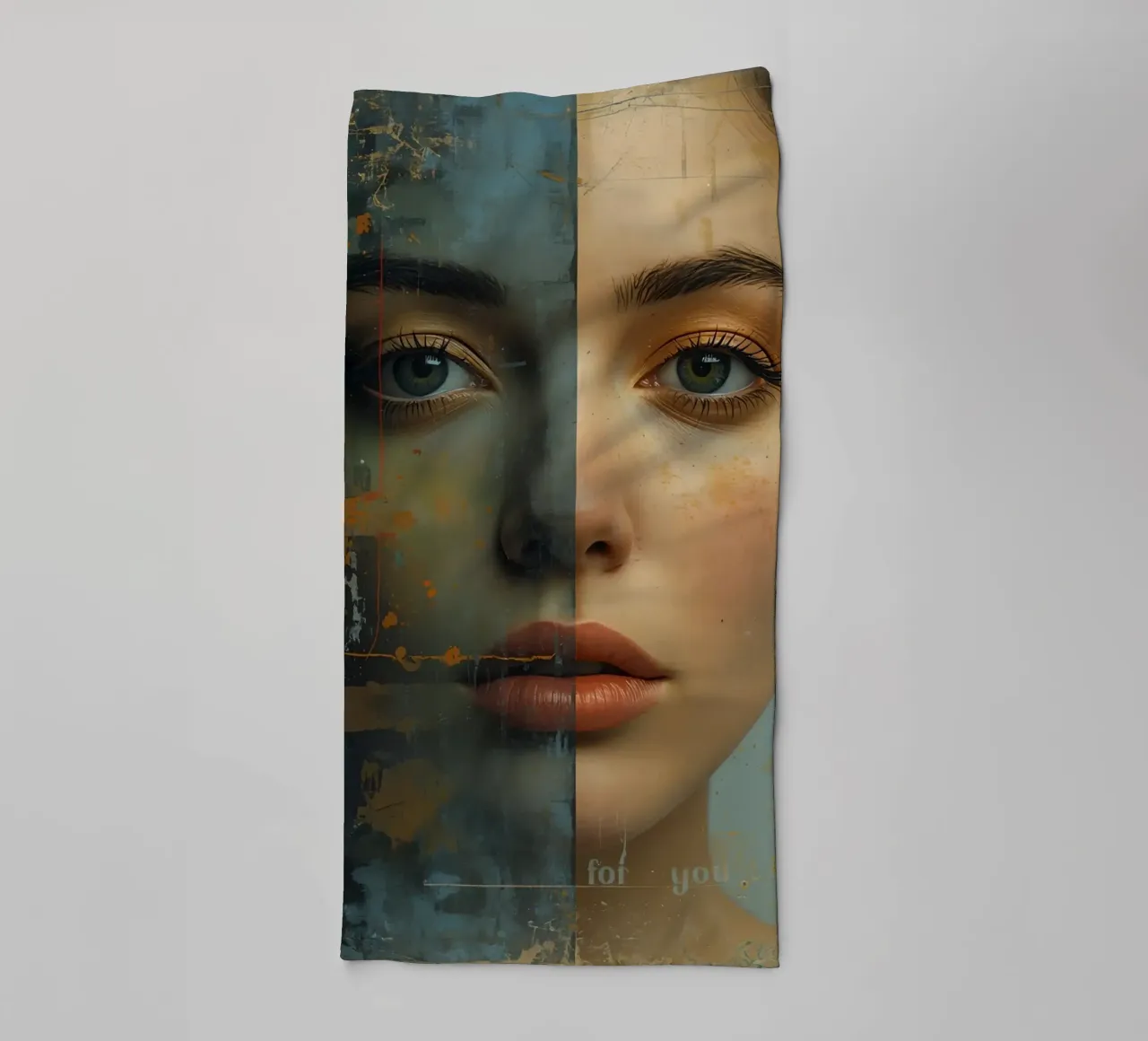 Woman's Face Divided by Realistic and Abstract Styles towel by DesignDoodle