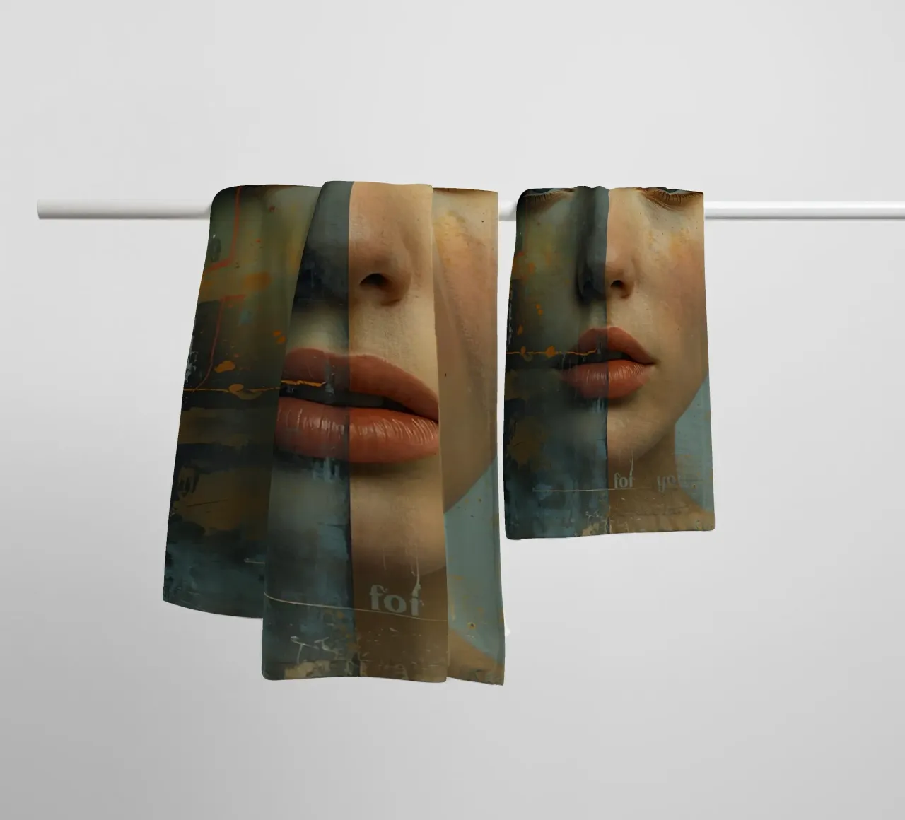 Woman's Face Divided by Realistic and Abstract Styles towel by DesignDoodle