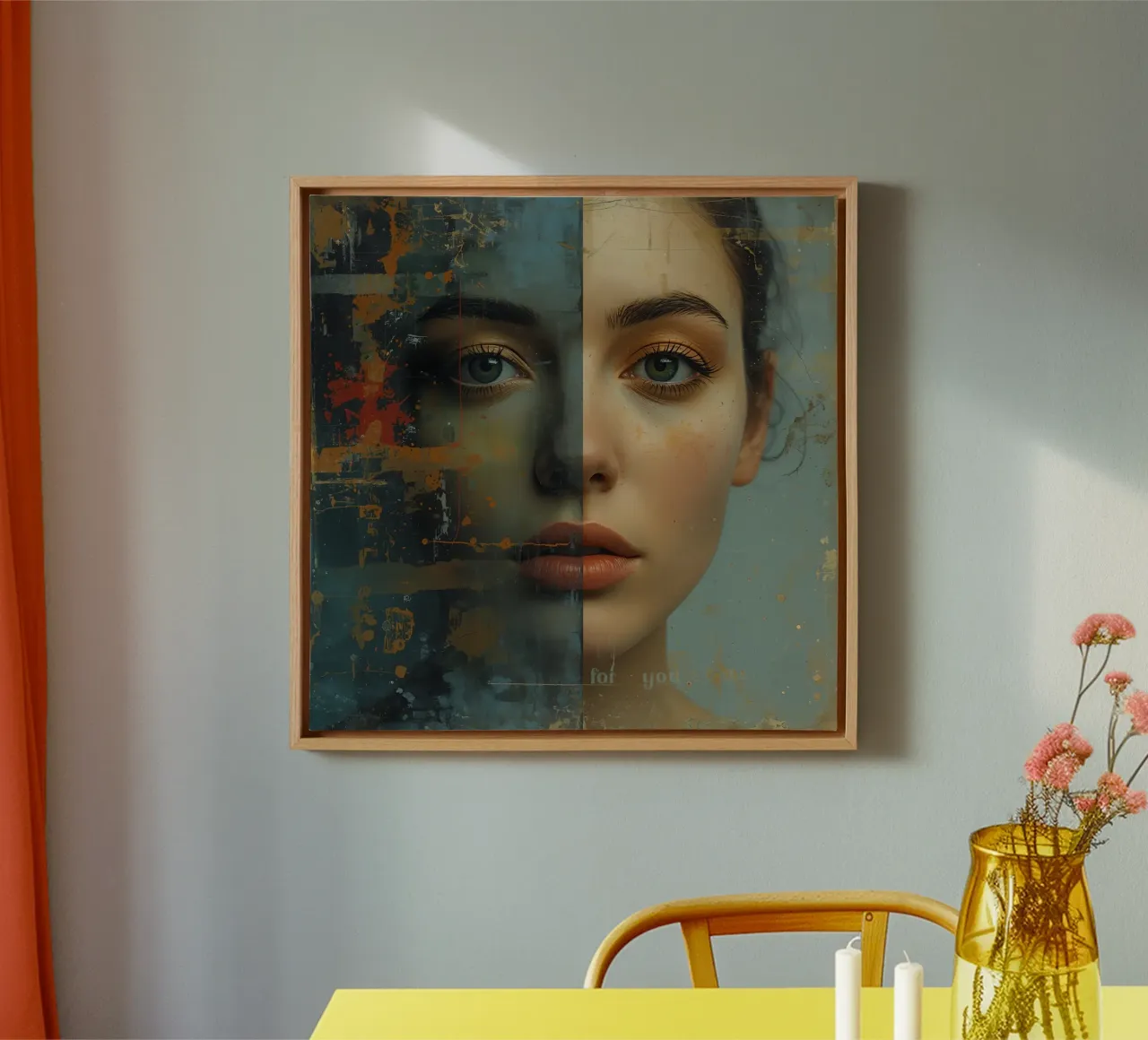 Woman's Face Divided by Realistic and Abstract Styles canvas with Floater frame by DesignDoodle