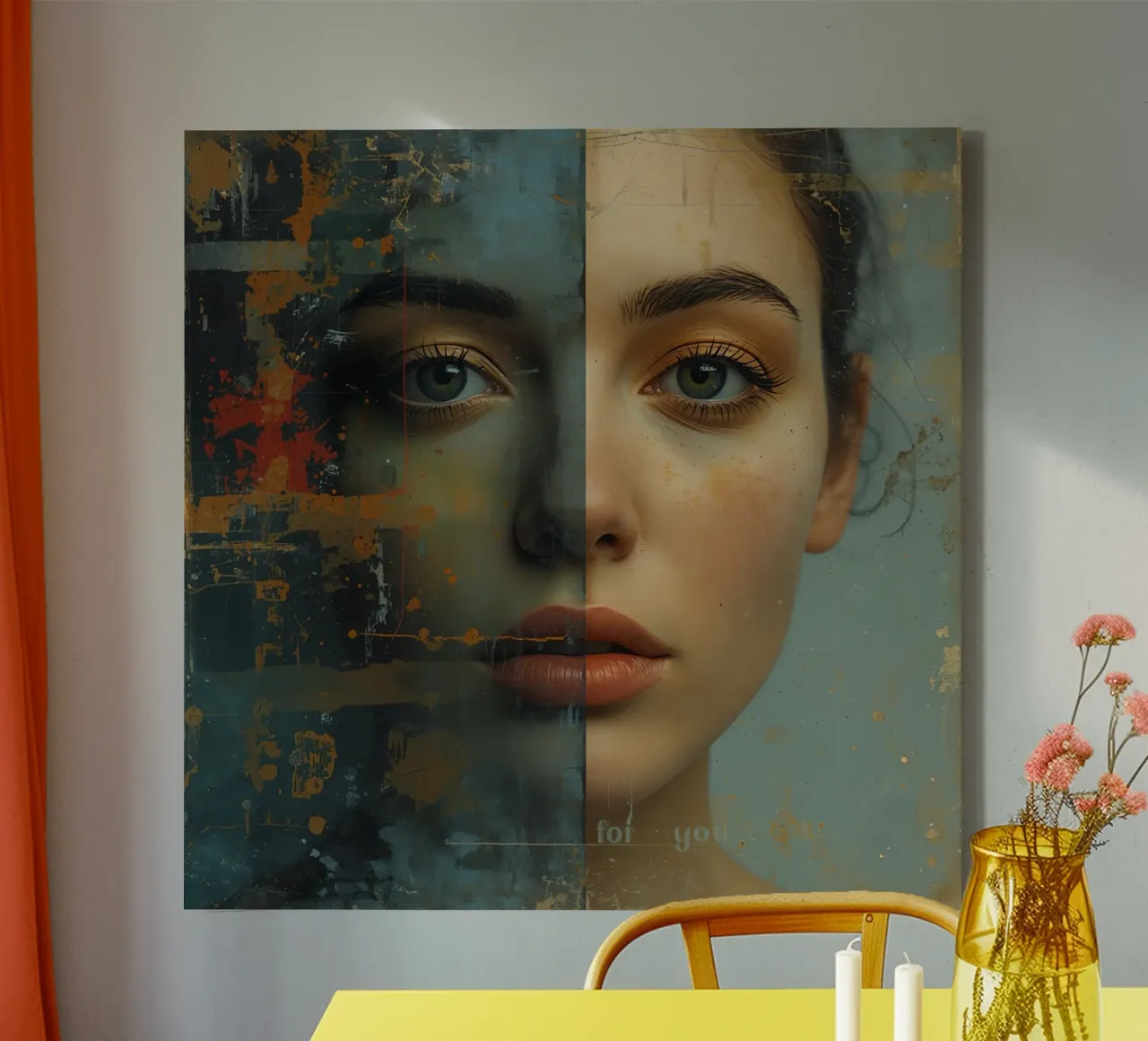 Woman's Face Divided by Realistic and Abstract Styles canvas with Floater frame by DesignDoodle