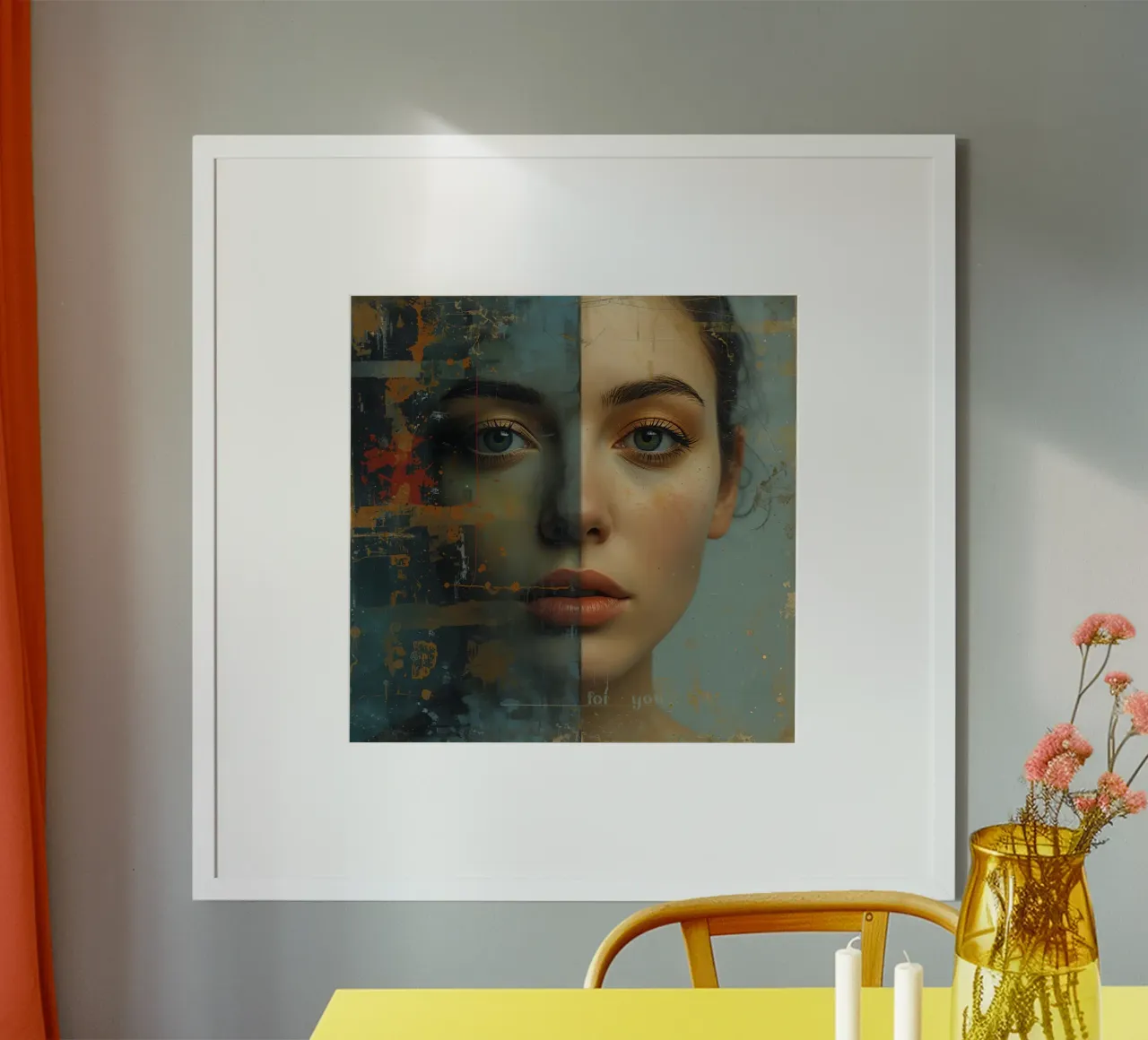 Woman's Face Divided by Realistic and Abstract Styles poster with aluminum frame by DesignDoodle