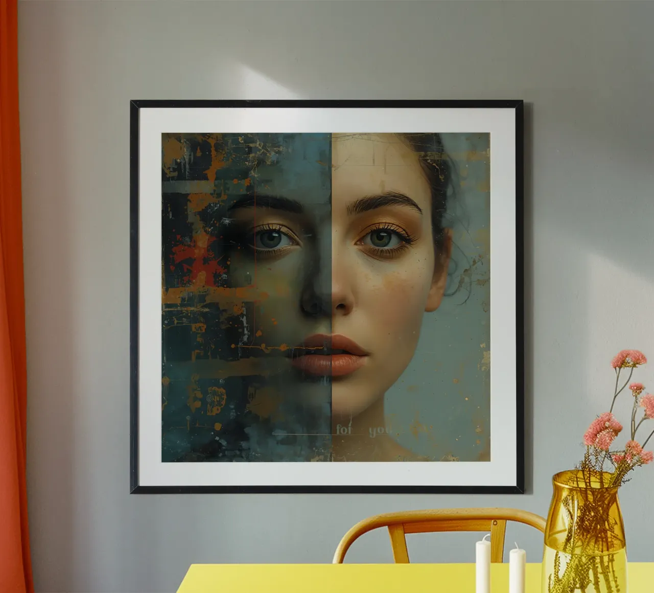 Woman's Face Divided by Realistic and Abstract Styles poster with aluminum frame by DesignDoodle