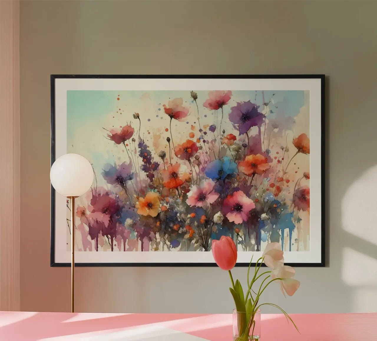 Prato vibrante di fiori selvatici in fiore poster con telaio in legno da Chromatic Fusion Studio