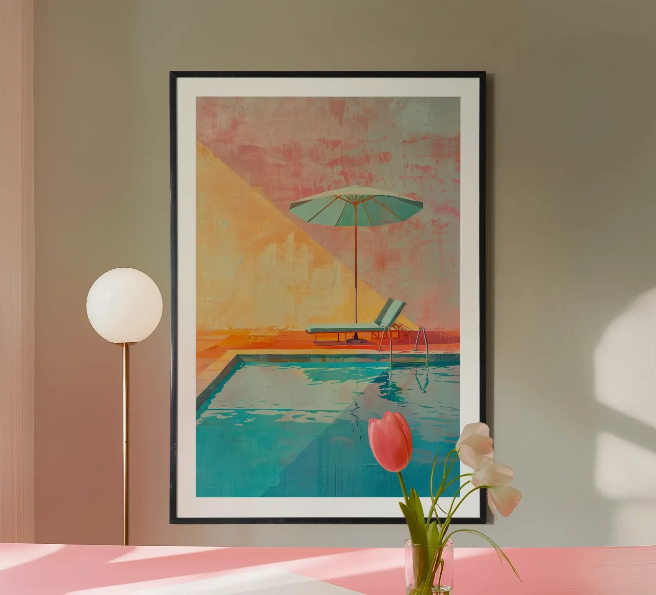 Golden Hour Poolside poster con telaio in plastica da Mosaic Dialogue