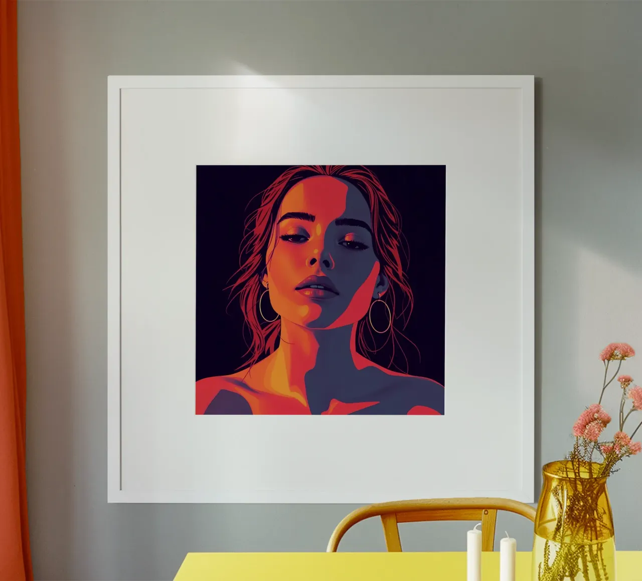 Ritratto di donna con orecchini a cerchio in luce rossa e arancione poster con telaio in alluminio da DesignDoodle