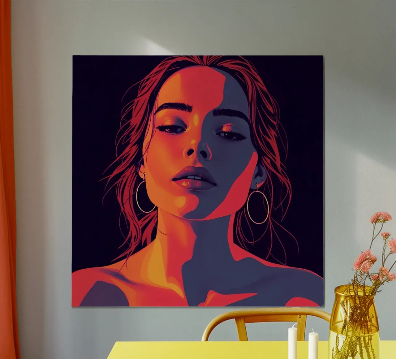 Ritratto di donna con orecchini a cerchio in luce rossa e arancione poster con telaio in alluminio da DesignDoodle