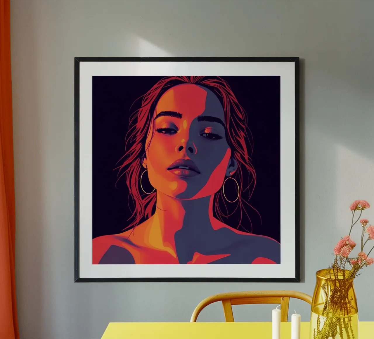 Ritratto di donna con orecchini a cerchio in luce rossa e arancione poster con telaio in alluminio da DesignDoodle