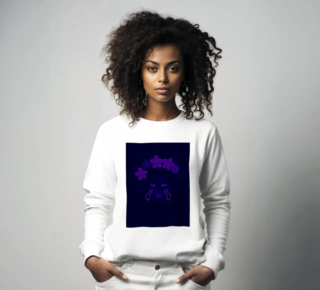 Ritratto di donna con afro e fiori felpa da DesignDoodle