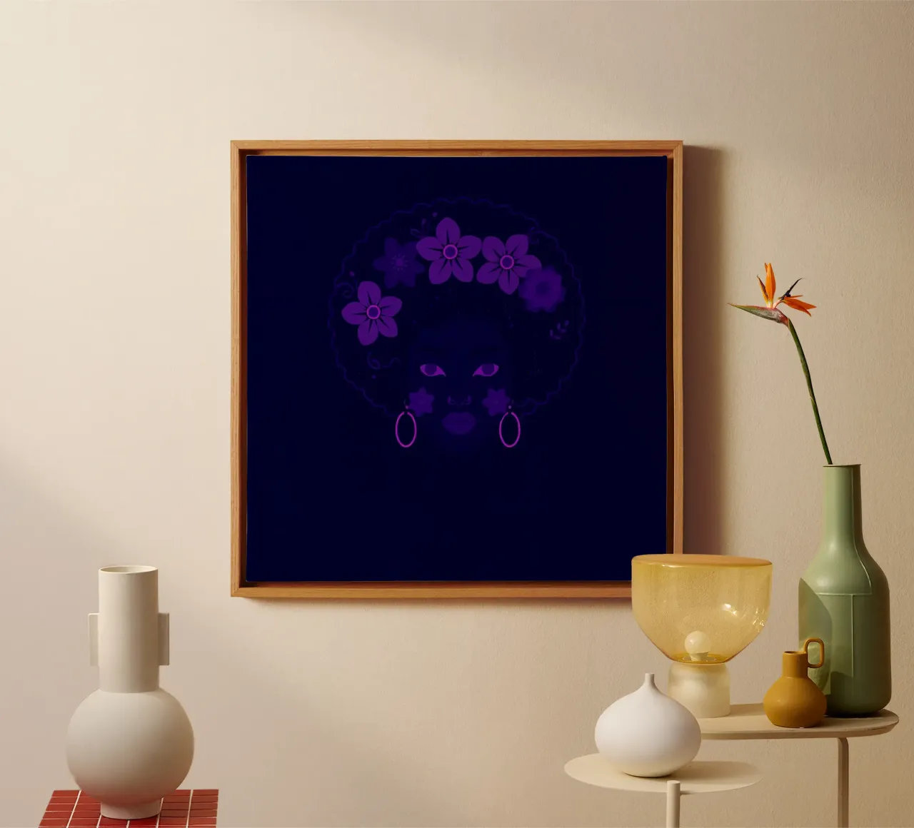 Ritratto di donna con afro e fiori tela con Cornice a cassetta da DesignDoodle