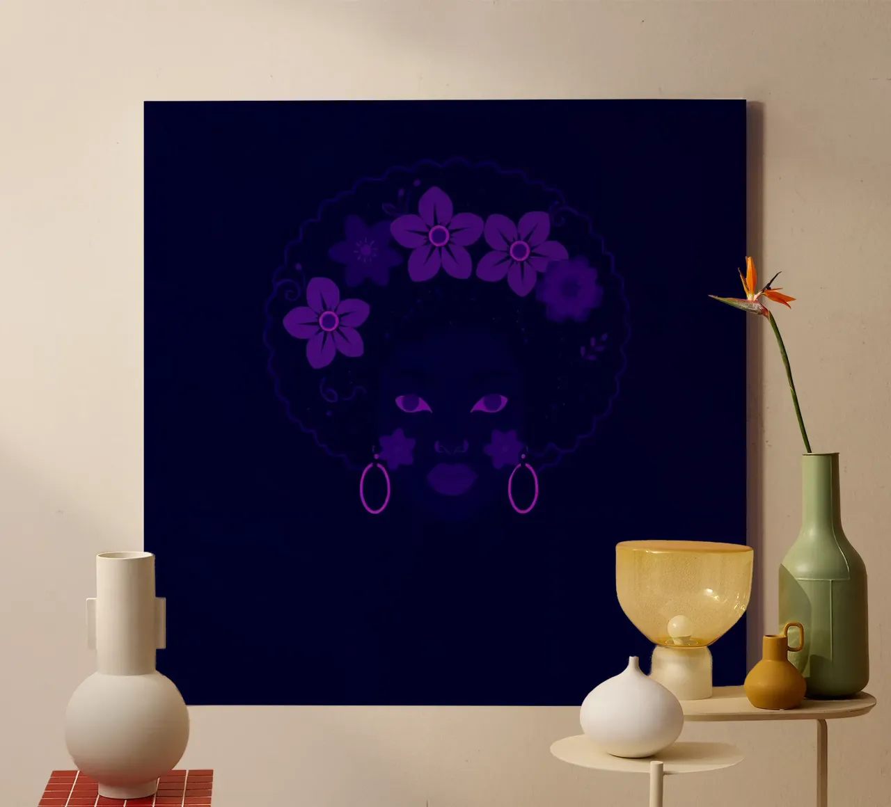 Ritratto di donna con afro e fiori tela con Cornice a cassetta da DesignDoodle