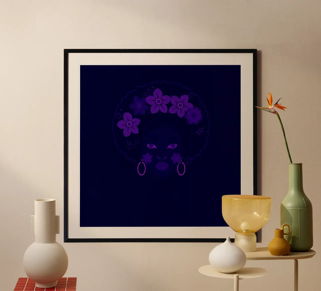 Ritratto di donna con afro e fiori poster da DesignDoodle