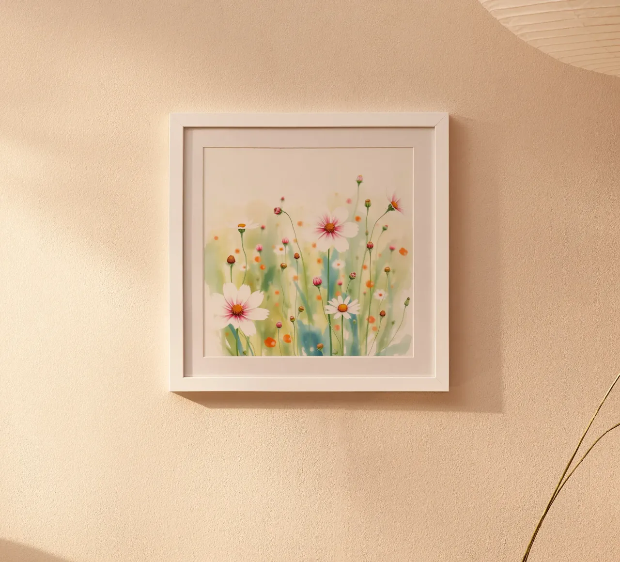 Illustrazione ad acquerello di fiori e boccioli di Cosmos poster con telaio in legno da DesignDoodle