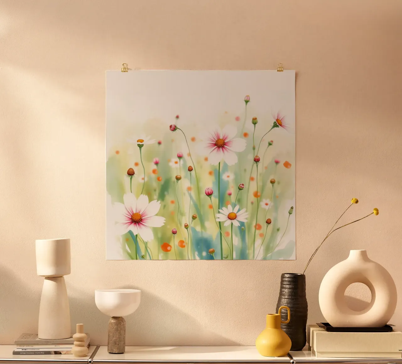 Illustrazione ad acquerello di fiori e boccioli di Cosmos poster con telaio in legno da DesignDoodle