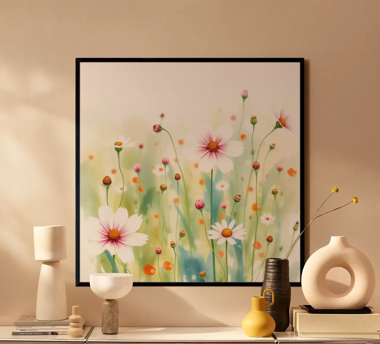 Illustrazione ad acquerello di fiori e boccioli di Cosmos poster con telaio in legno da DesignDoodle