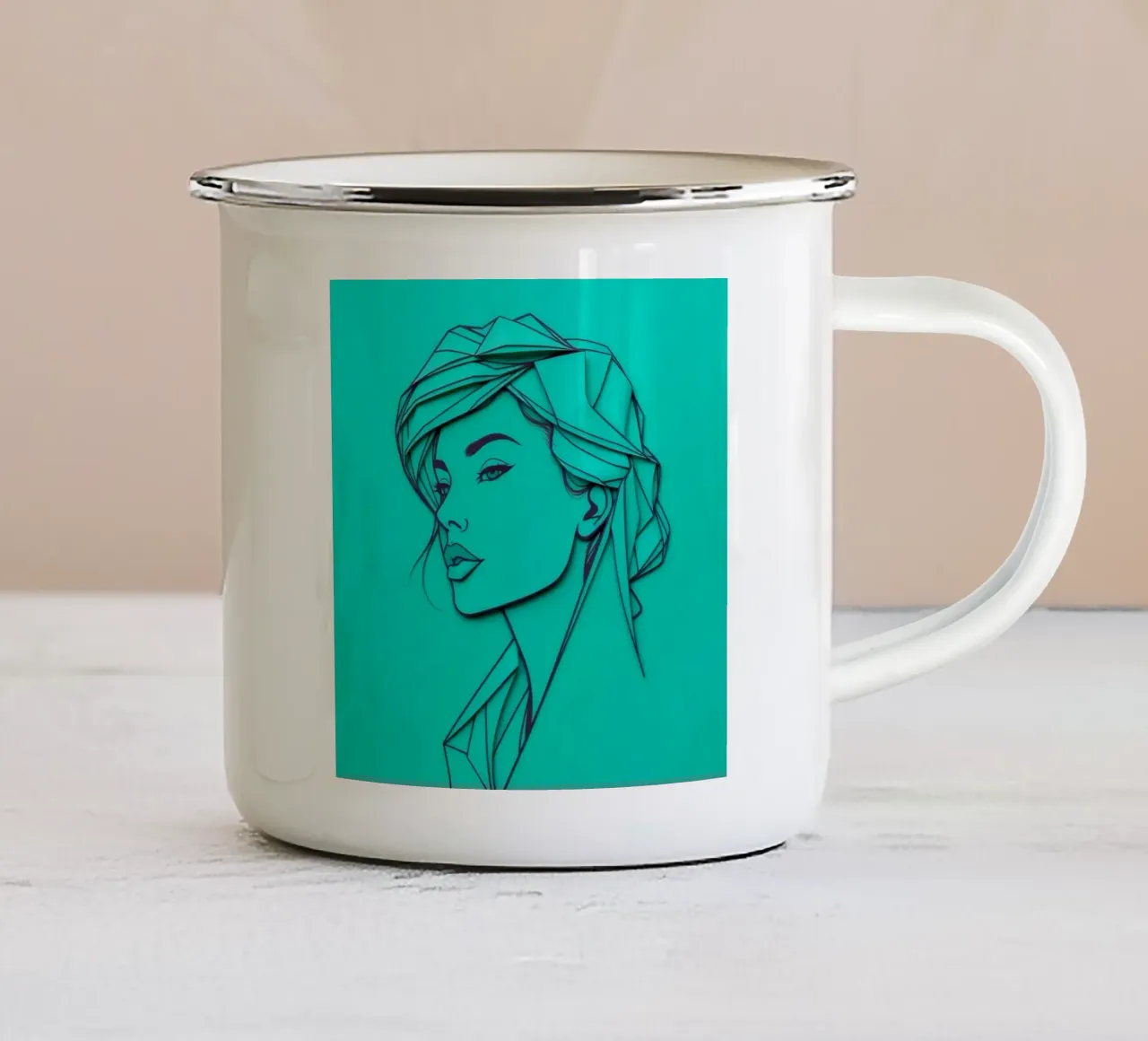 Ritratto di donna in carta verde tazza in smalto da DesignDoodle