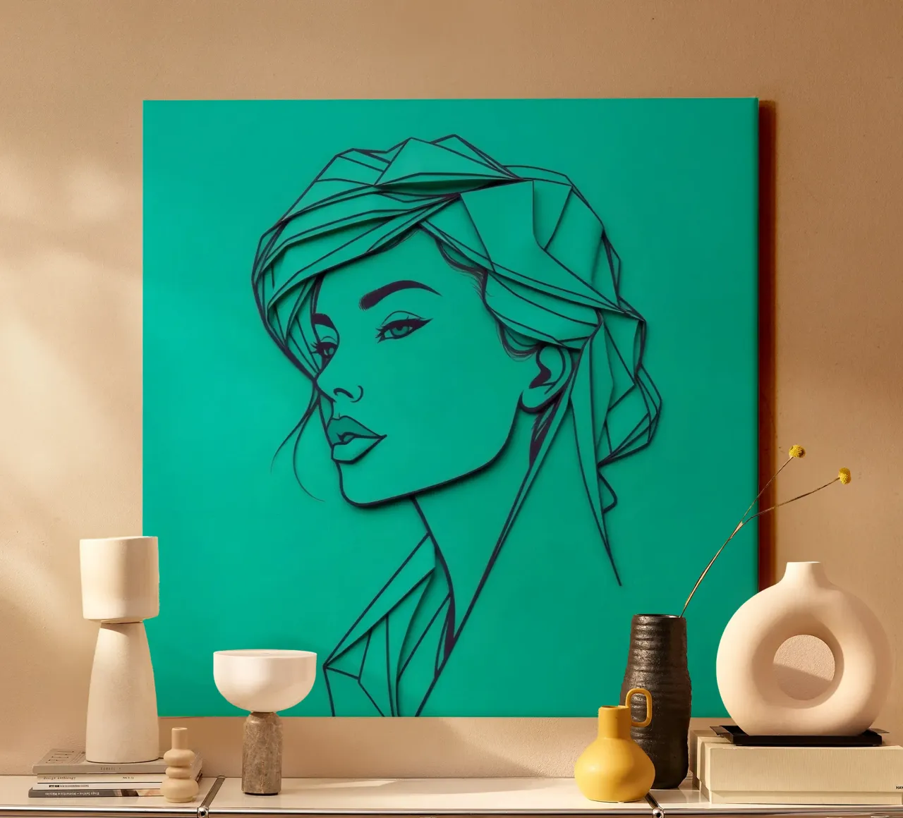 Ritratto di donna in carta verde tela con Cornice a cassetta da DesignDoodle