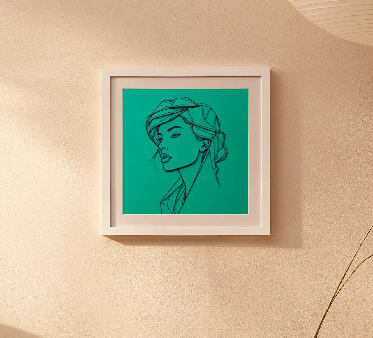 Ritratto di donna in carta verde poster con telaio in legno da DesignDoodle
