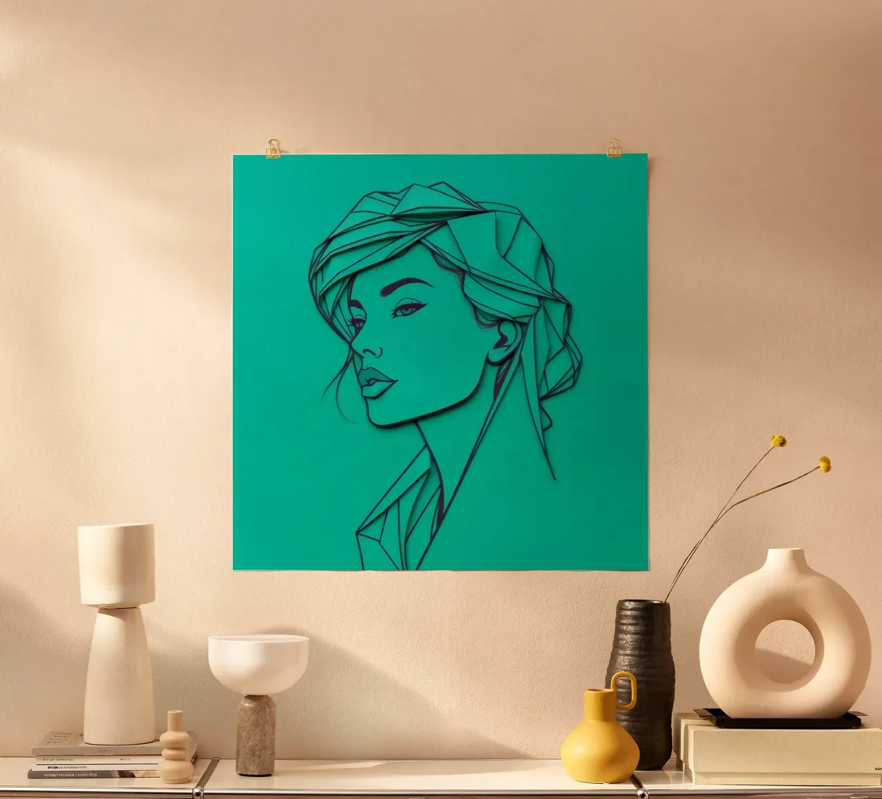Ritratto di donna in carta verde poster con telaio in legno da DesignDoodle
