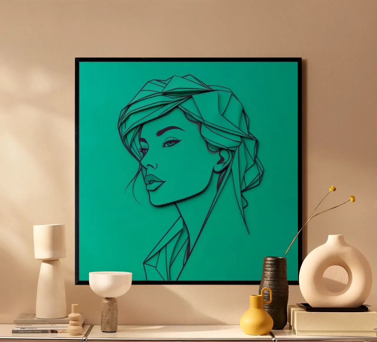 Ritratto di donna in carta verde poster con telaio in legno da DesignDoodle