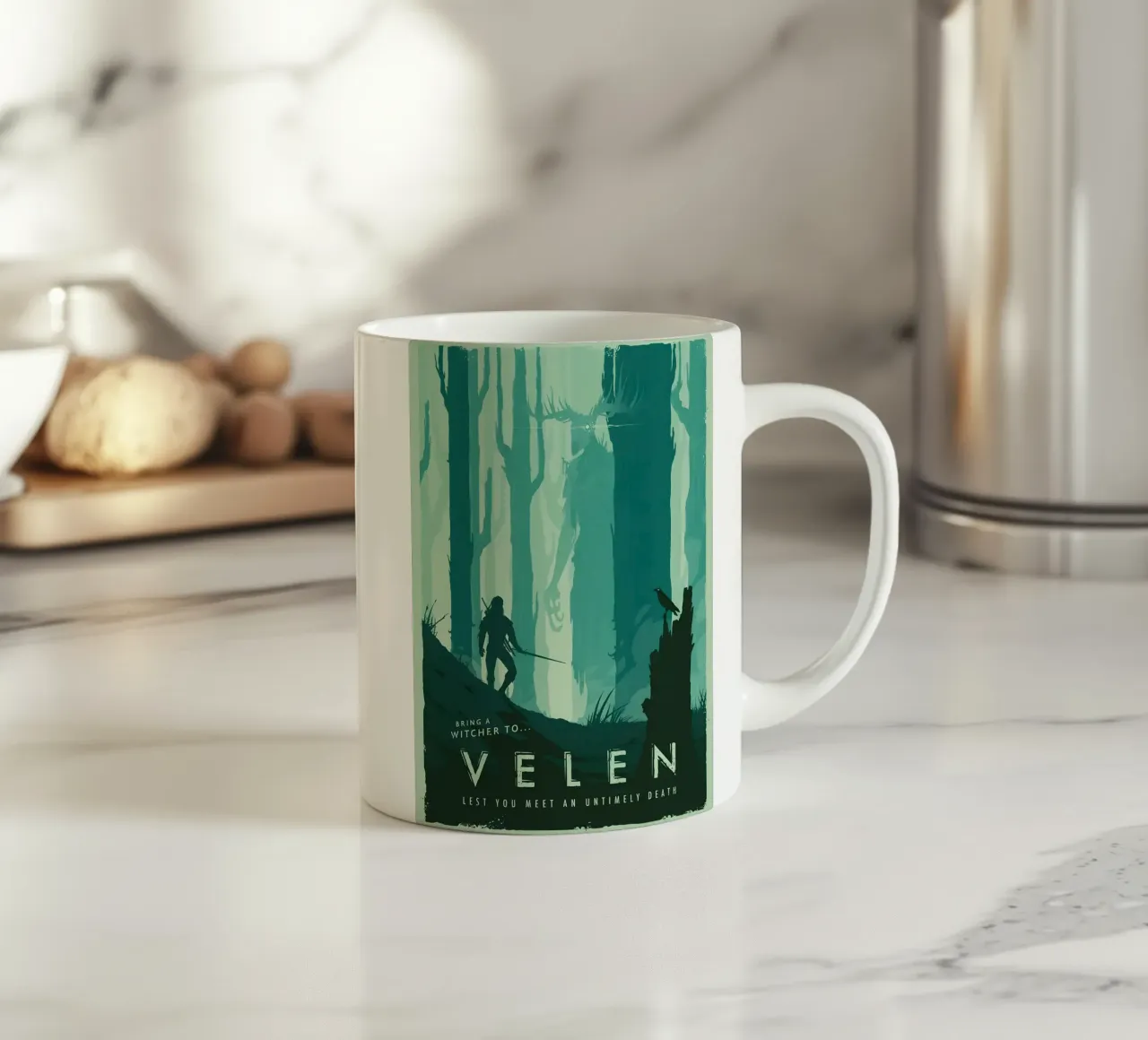 Bring A Witcher To Velen tazza in ceramica da Robert Hoff