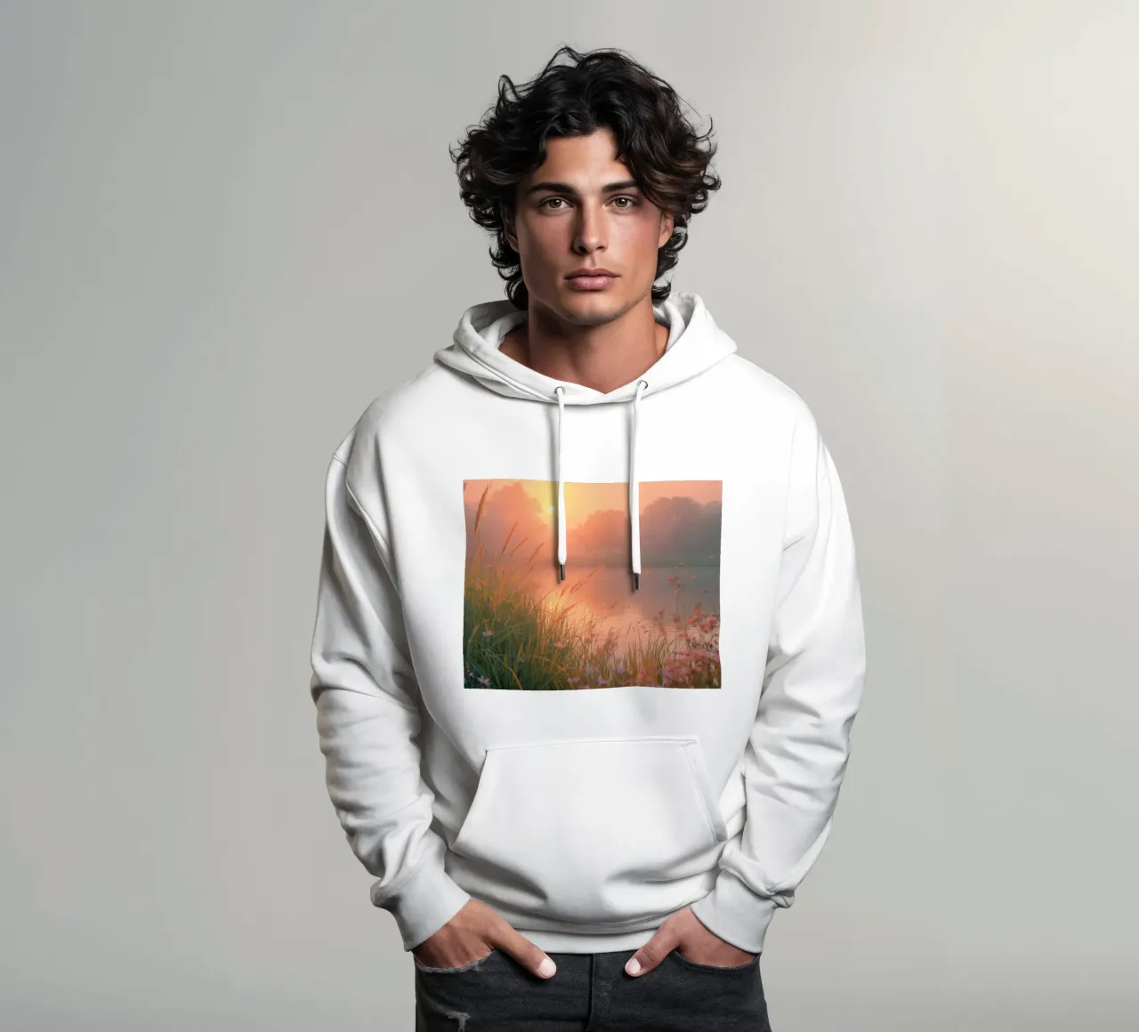 Tramonto sul lago con erba e fiori selvatici felpa con cappuccio da DesignDoodle