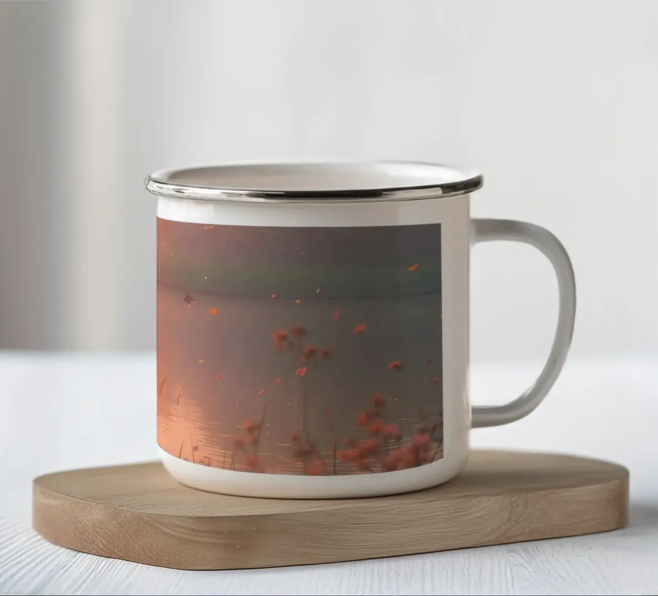 Tramonto sul lago con erba e fiori selvatici tazza in smalto da DesignDoodle