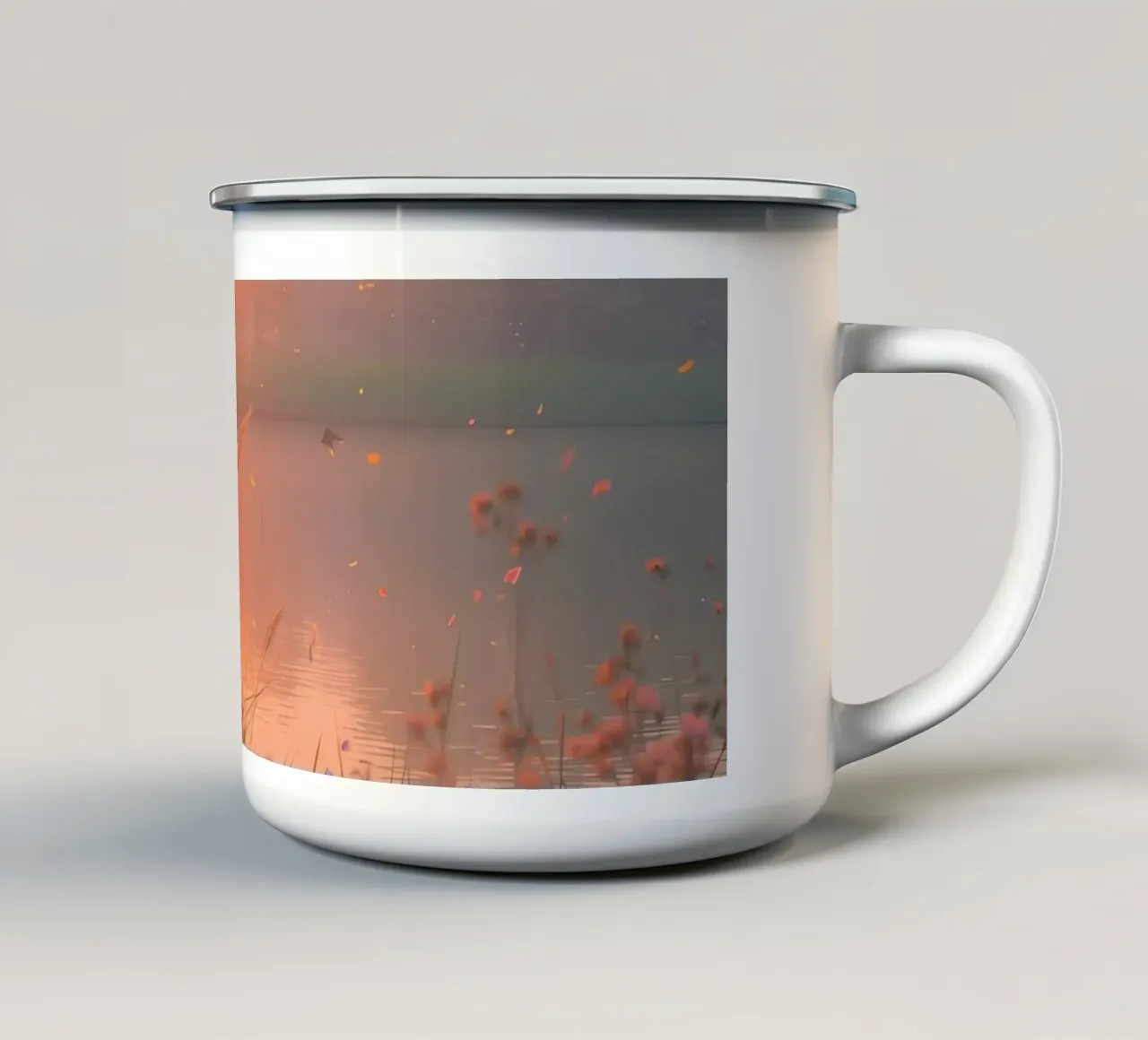 Tramonto sul lago con erba e fiori selvatici tazza in smalto da DesignDoodle