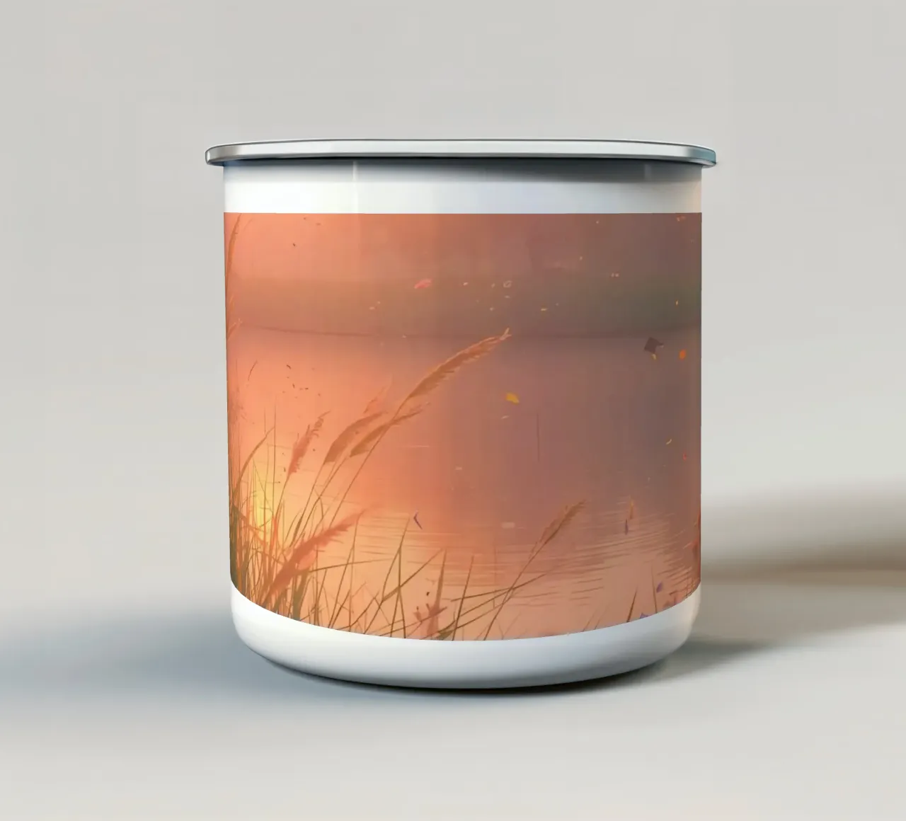 Tramonto sul lago con erba e fiori selvatici tazza in smalto da DesignDoodle