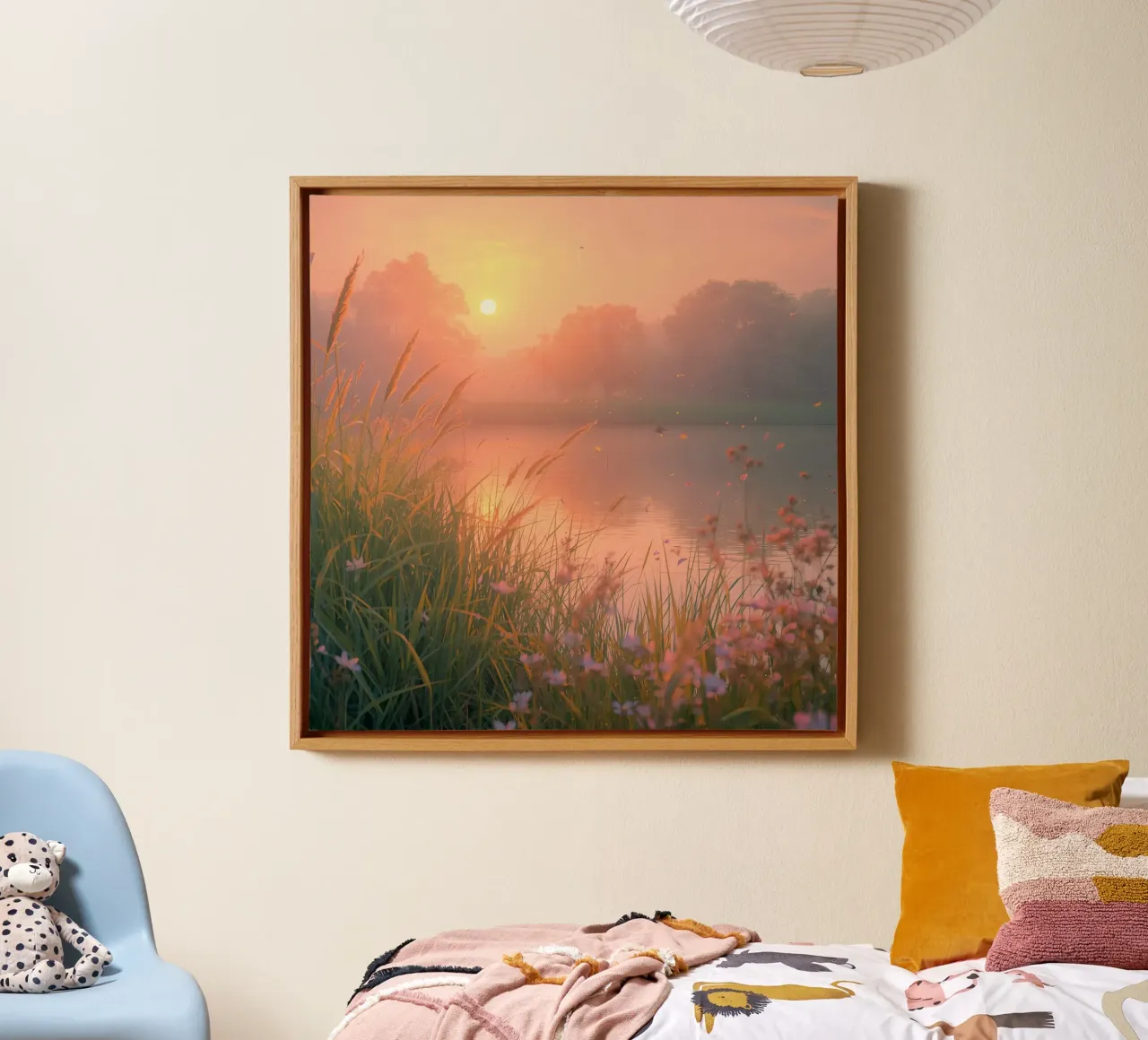 Tramonto sul lago con erba e fiori selvatici tela con Cornice a cassetta da DesignDoodle