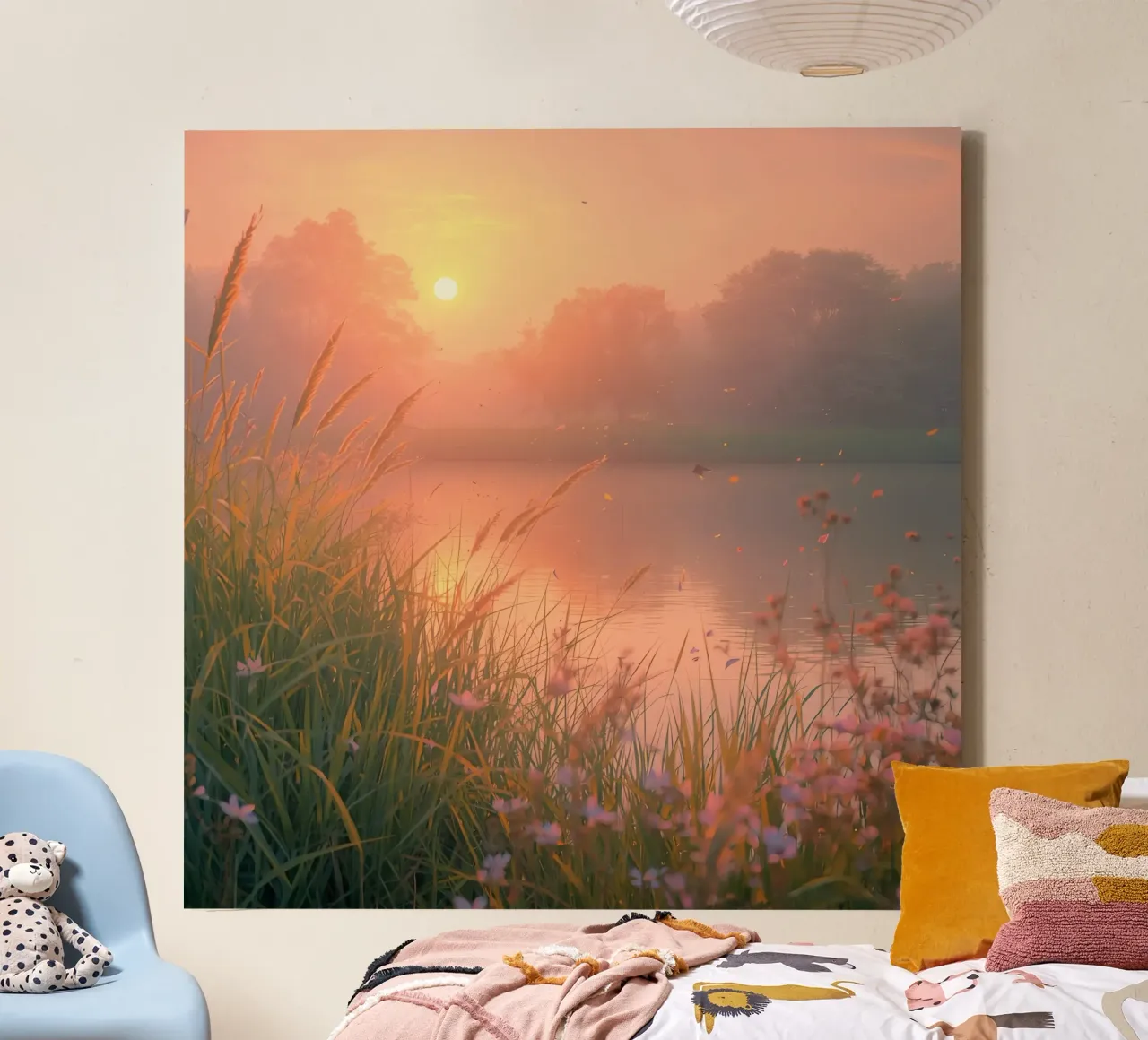 Tramonto sul lago con erba e fiori selvatici tela con Cornice a cassetta da DesignDoodle