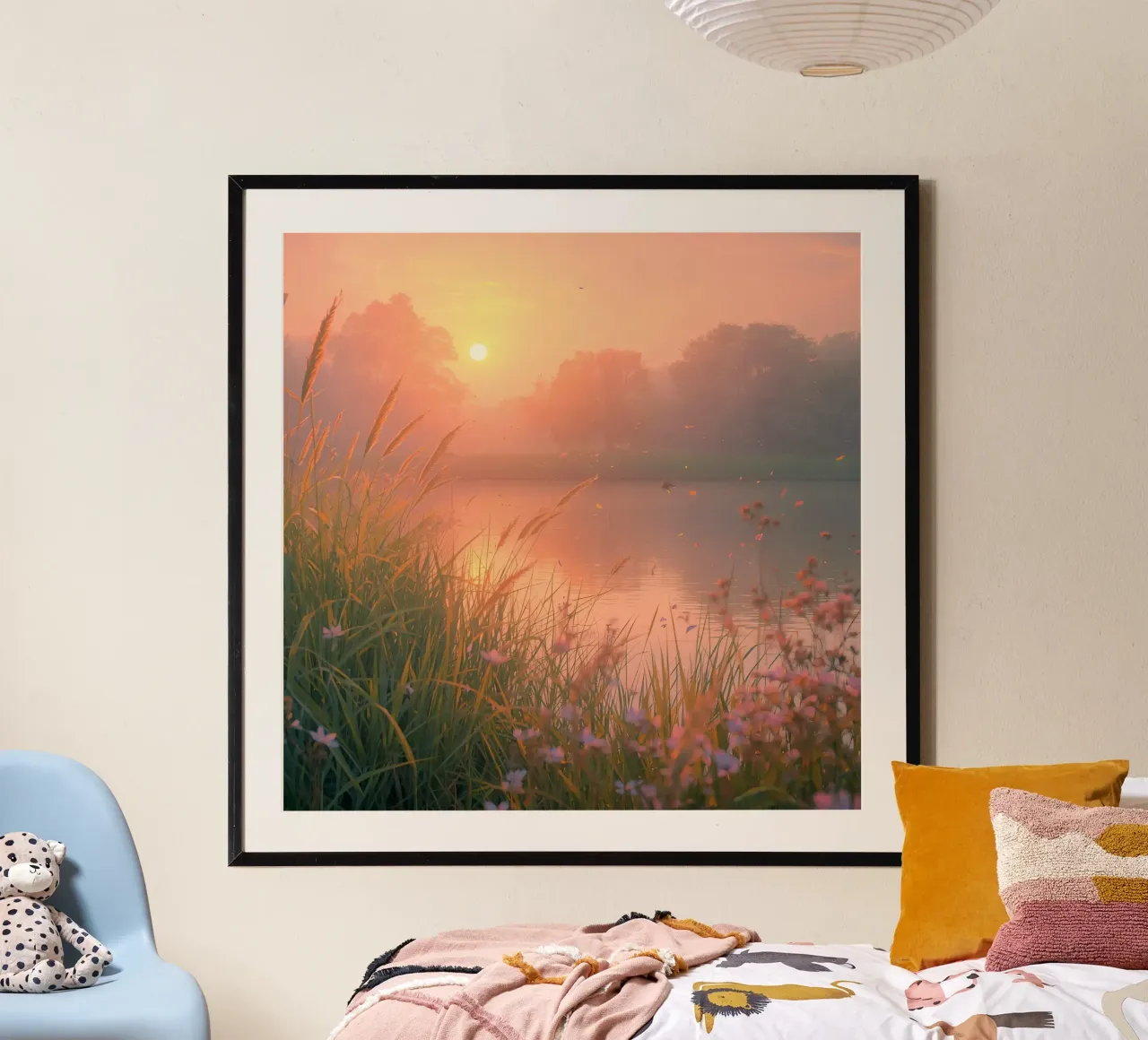 Tramonto sul lago con erba e fiori selvatici poster con telaio in legno da DesignDoodle