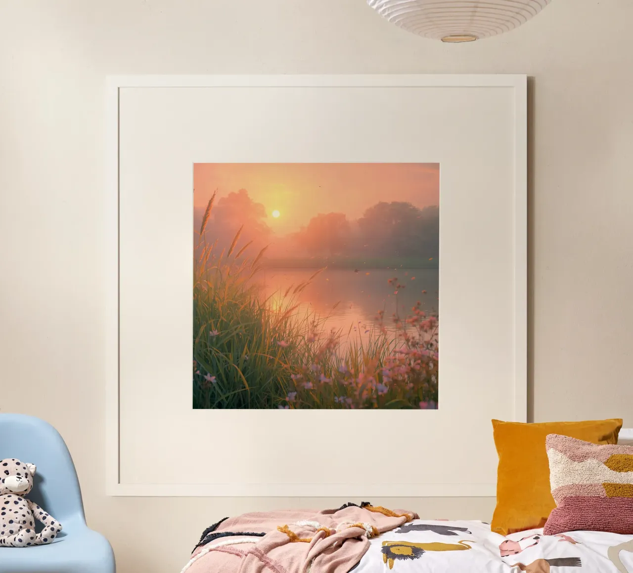 Tramonto sul lago con erba e fiori selvatici poster con telaio in legno da DesignDoodle