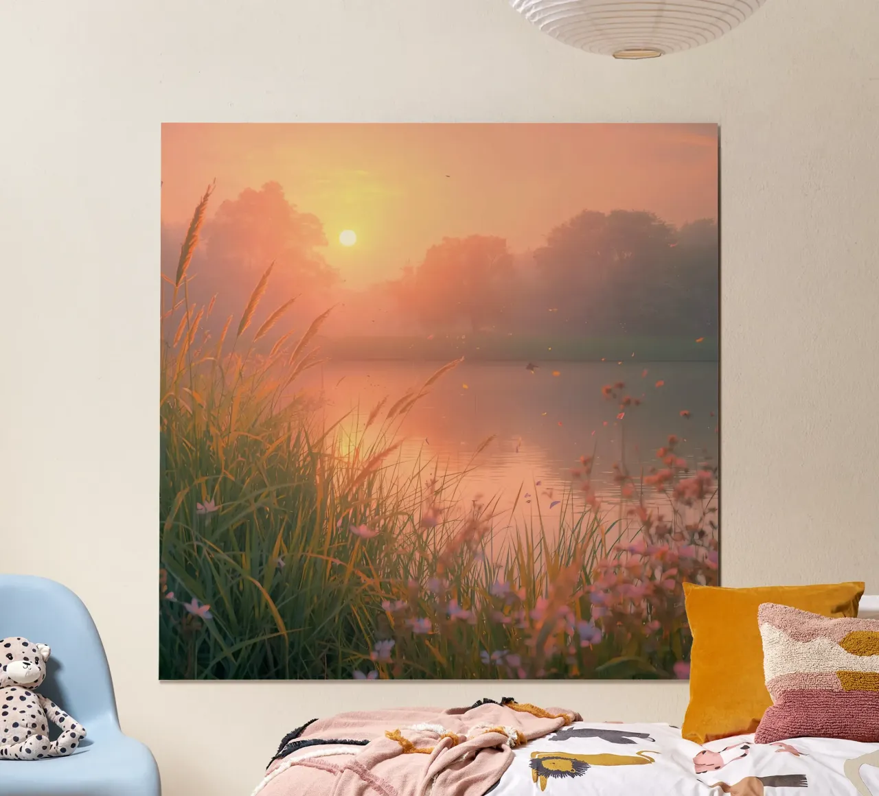 Tramonto sul lago con erba e fiori selvatici poster con telaio in legno da DesignDoodle