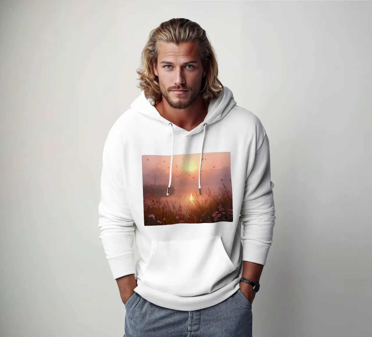 Alba sull'acqua con albero e erba di petali felpa con cappuccio da DesignDoodle