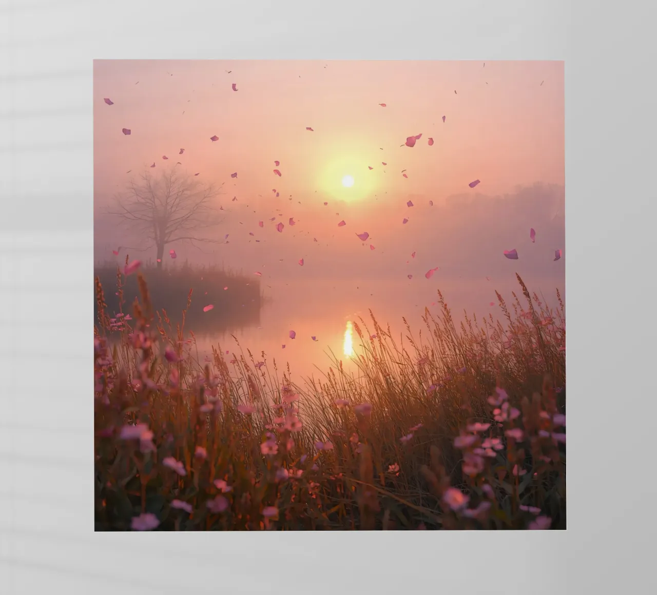 Alba sull'acqua con albero e erba di petali pellicola backlit da DesignDoodle