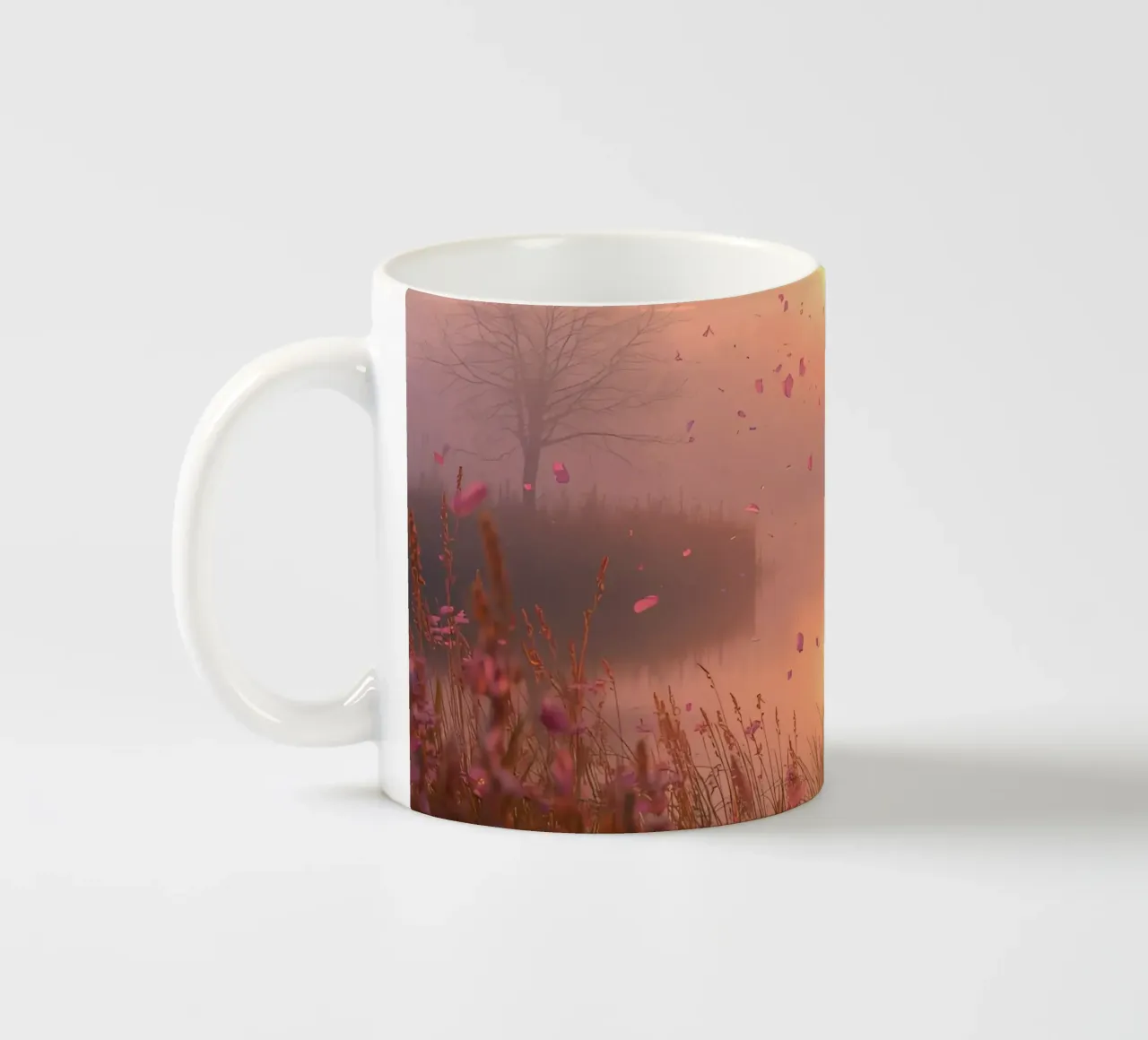 Alba sull'acqua con albero e erba di petali tazza in ceramica da DesignDoodle