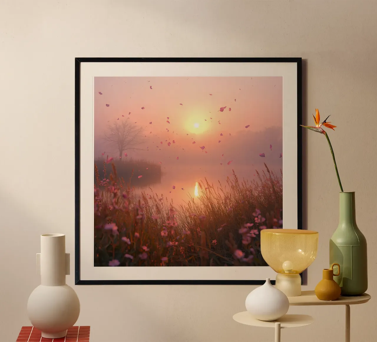 Alba sull'acqua con albero e erba di petali poster con telaio in plastica da DesignDoodle