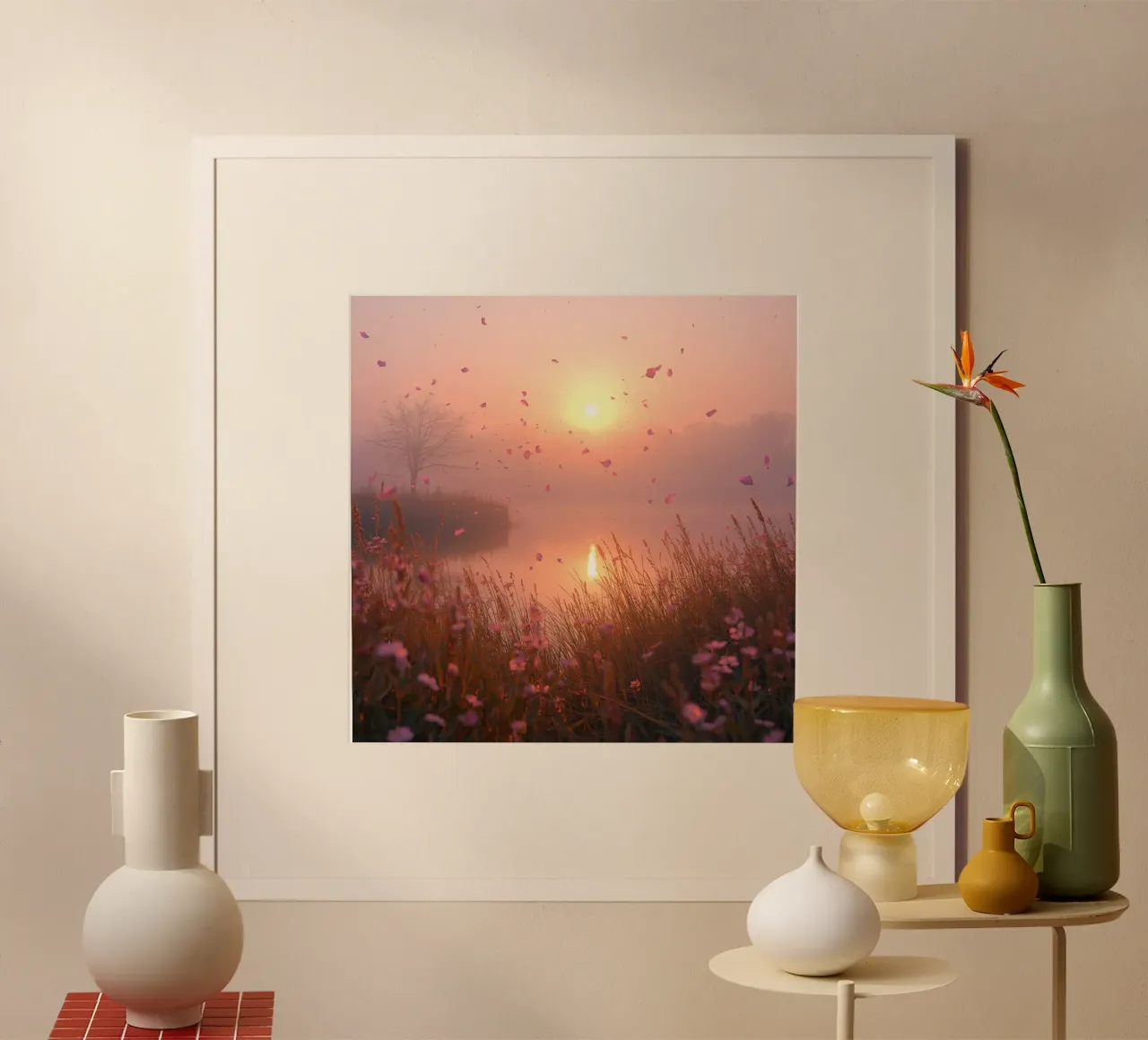 Alba sull'acqua con albero e erba di petali poster con telaio in plastica da DesignDoodle