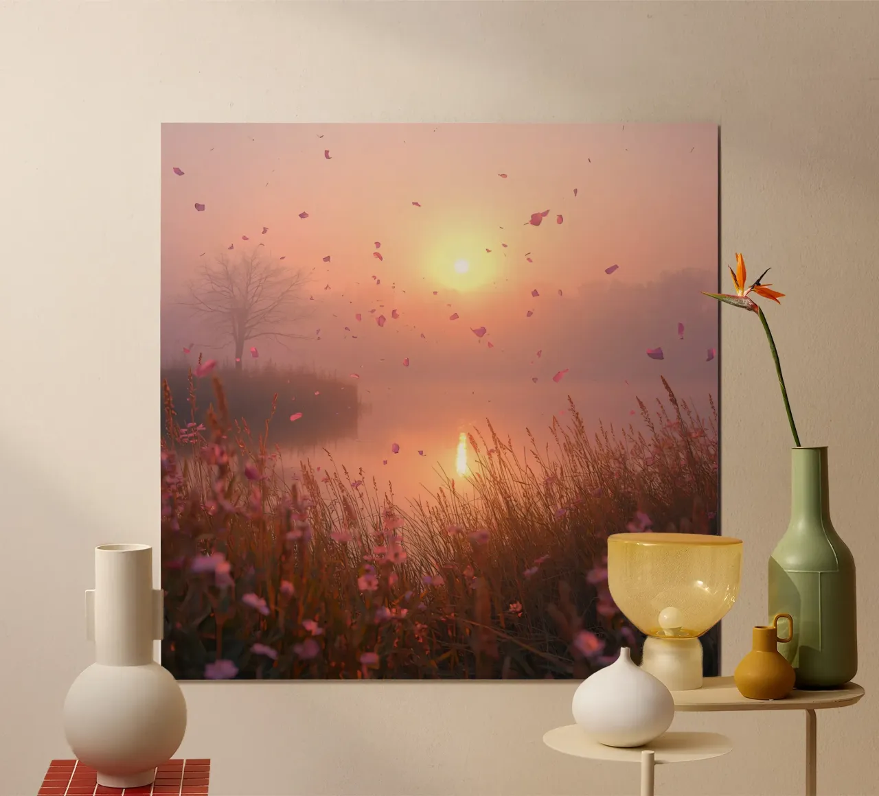 Alba sull'acqua con albero e erba di petali poster con telaio in plastica da DesignDoodle