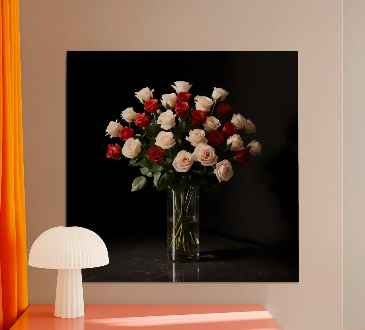 Rose in vaso rosso rosa in vetro trasparente poster con telaio in alluminio da DesignDoodle