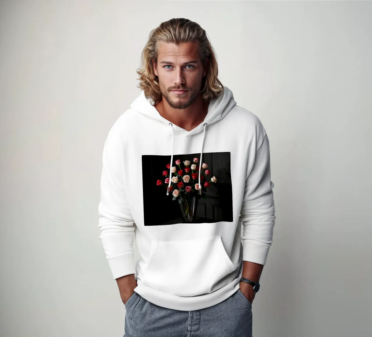 Bouquet de roses dans un vase sur une table sweat à capuche de DesignDoodle