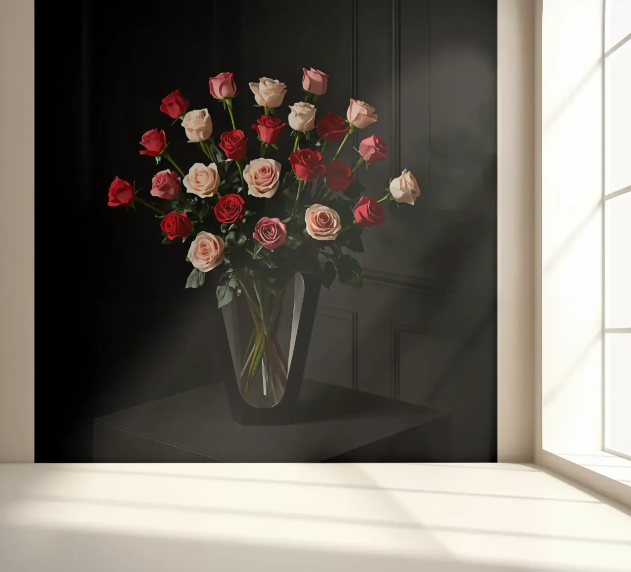 Bouquet de roses dans un vase sur une table papier peint photo de DesignDoodle