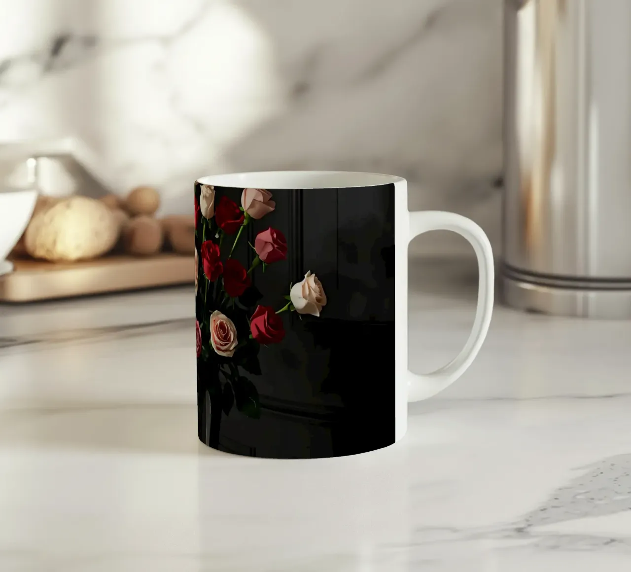 Bouquet de roses dans un vase sur une table mug en céramique de DesignDoodle