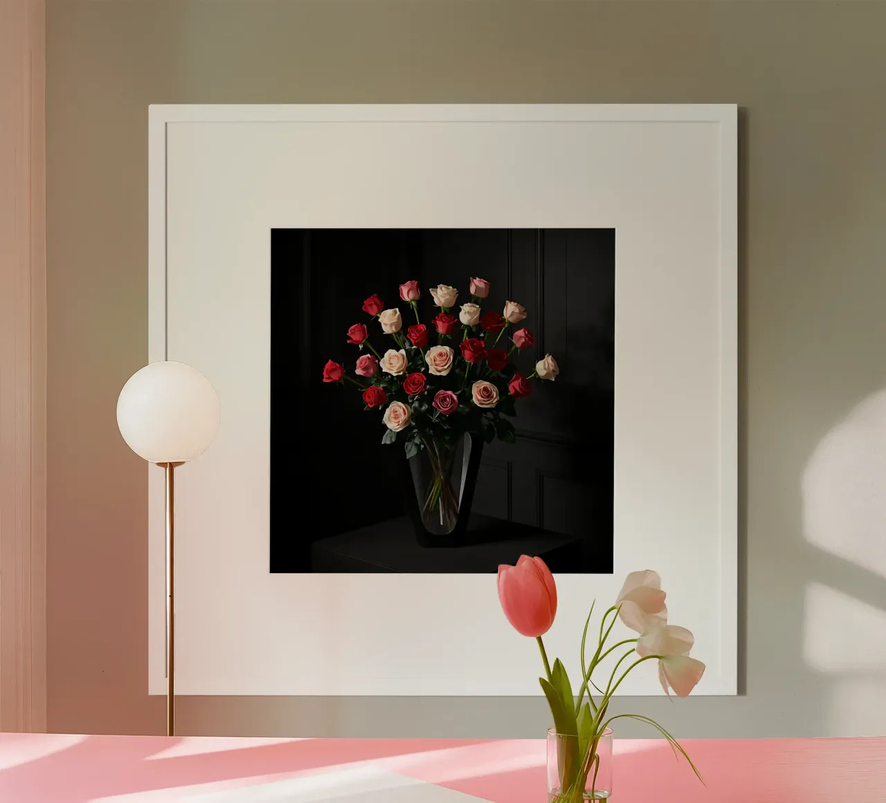 Bouquet di rose in vaso sul tavolo poster con telaio in alluminio da DesignDoodle