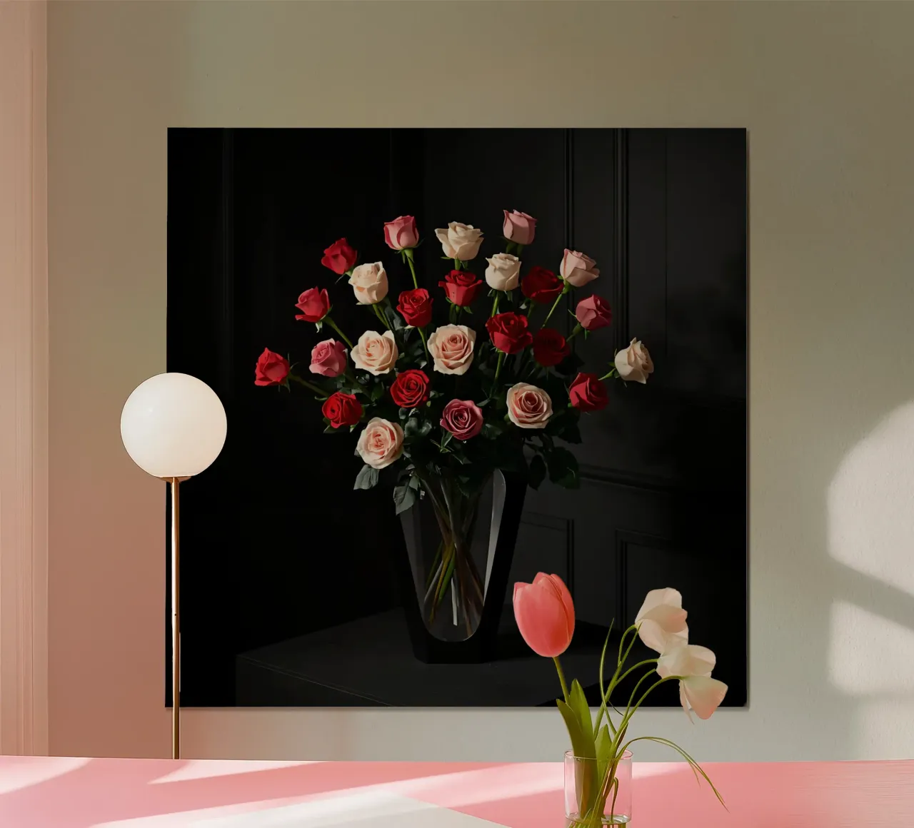 Bouquet di rose in vaso sul tavolo poster con telaio in alluminio da DesignDoodle
