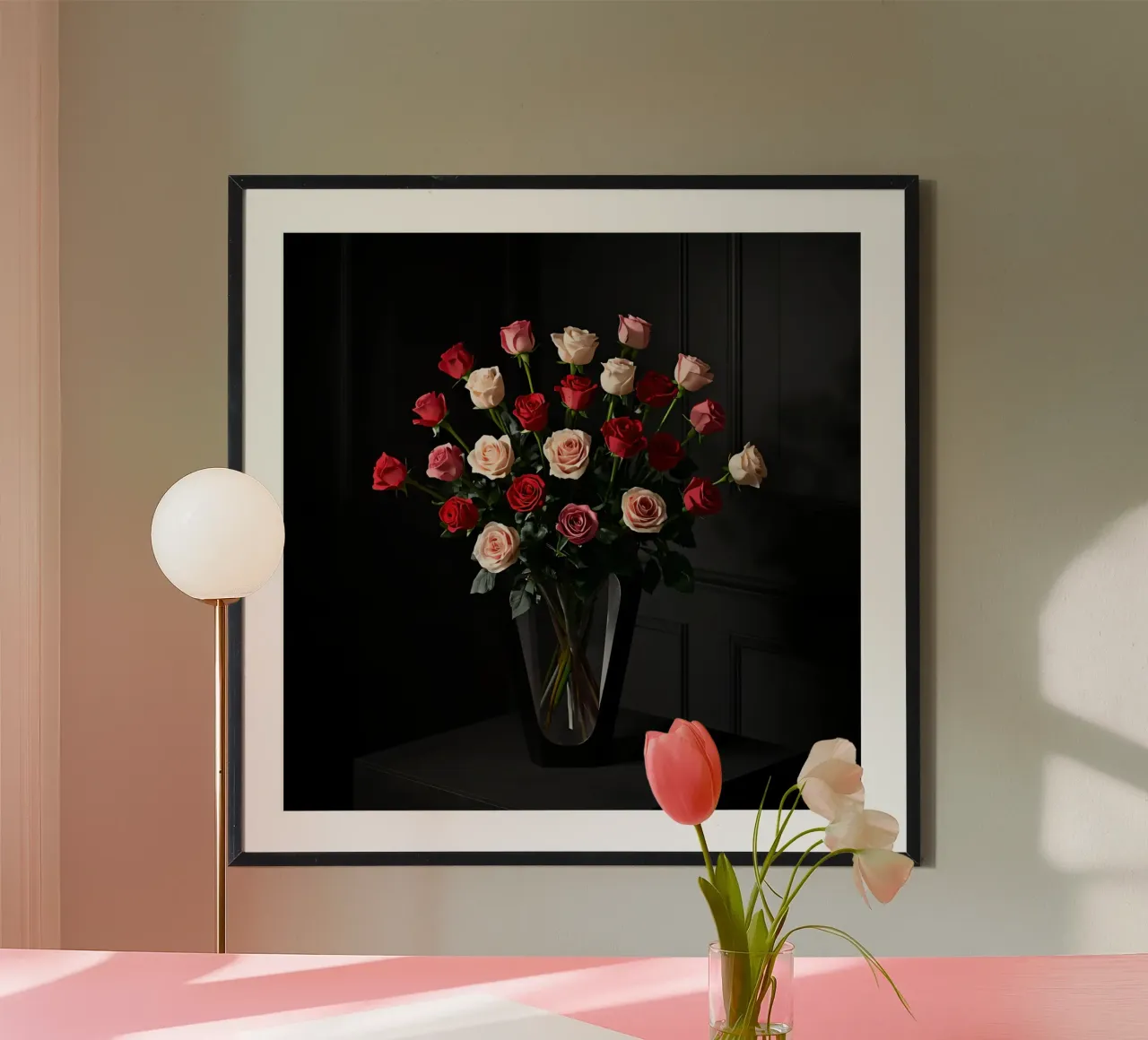 Bouquet di rose in vaso sul tavolo poster con telaio in alluminio da DesignDoodle