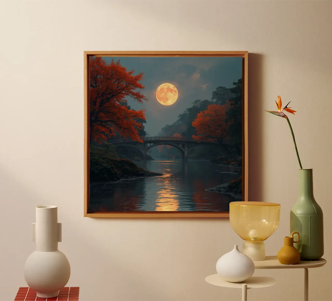 River Landscape with Stone Bridge and Full Moon canvas with Floater frame by DesignDoodle