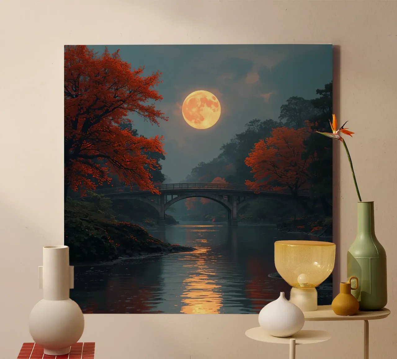 River Landscape with Stone Bridge and Full Moon canvas with Floater frame by DesignDoodle