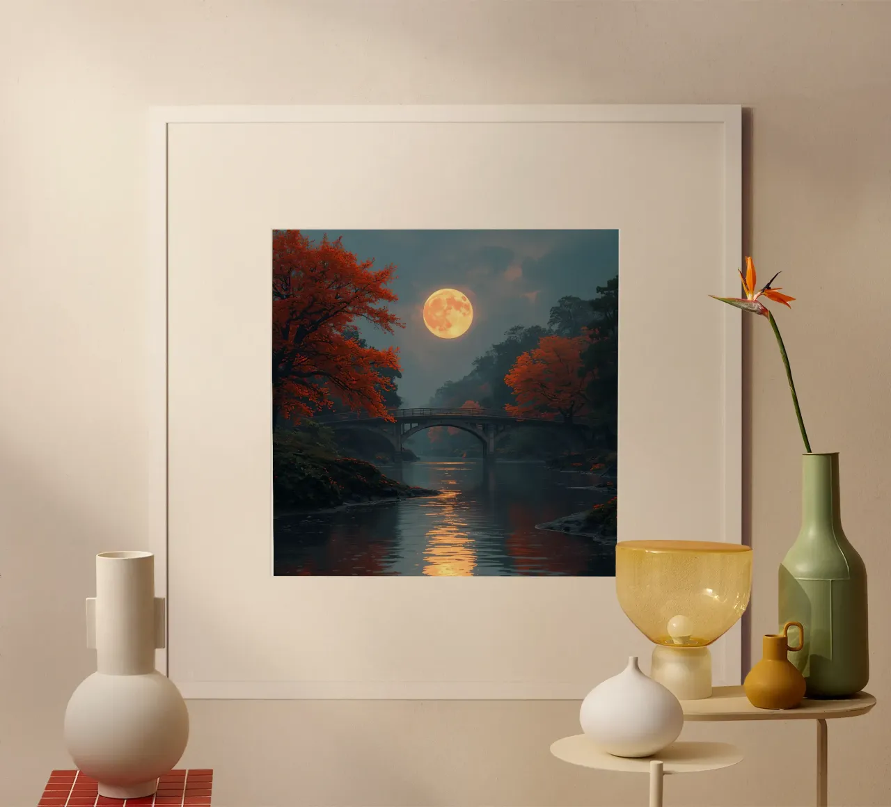 Paesaggio fluviale con ponte di pietra e luna piena poster da DesignDoodle