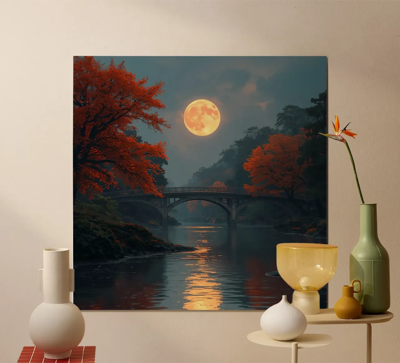 Paesaggio fluviale con ponte di pietra e luna piena poster da DesignDoodle